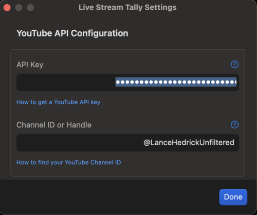 Live Stream Tally settings screen